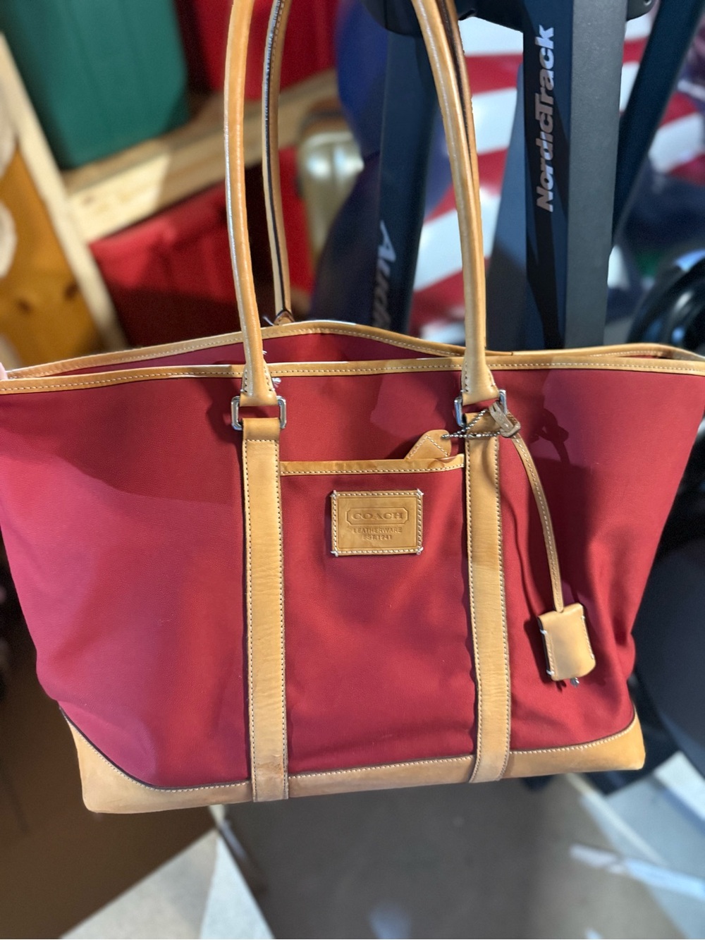Coach Red Canvas Tote with Tan Leather Trim and Handles